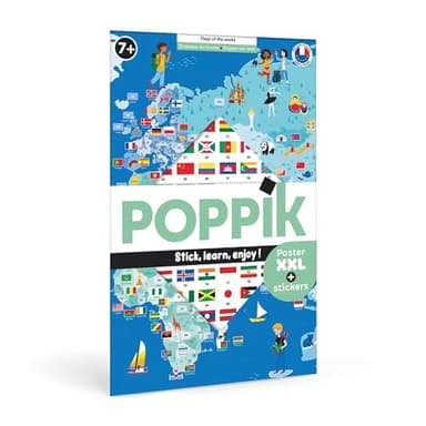 POPPIK 1841223 Sticker-Poster, Flaggen der Welt, interaktives Lernposter mit Aufklebern, mehrsprachige Weltkarte, für Kinder ab 7 Jahren, 68 x 100 cm