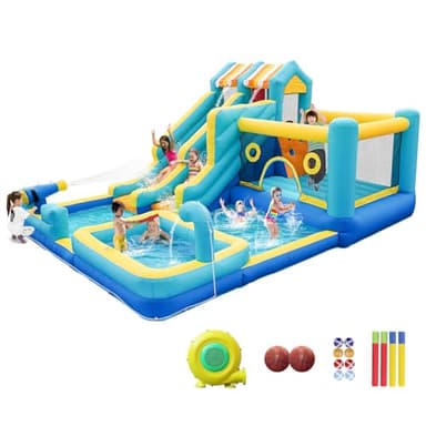 SportBob Hüpfburg mit Wasserrutsche, 10 in 1 Aufblasbare Hüpfburg XXL mit Gebläse, Kletterwand, Springen, Wasserpistole, Splash Pool Basketballkorb für Kinder Outdoor Indoor, 465x380x230 cm