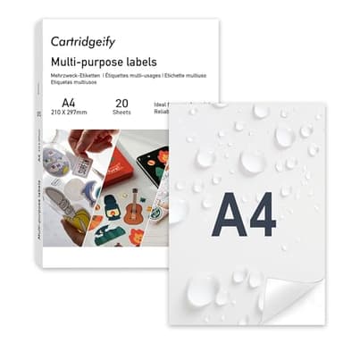 Cartridgeify 20 Blatt A4 Vinyl Sticker Papier, Aufkleberfolie Bedruckbar, Weiß, Selbstklebend Wasserfest Aufkleber Etikette, Vinylaufkleber für Tintenstrahldrucker Laserdrucker