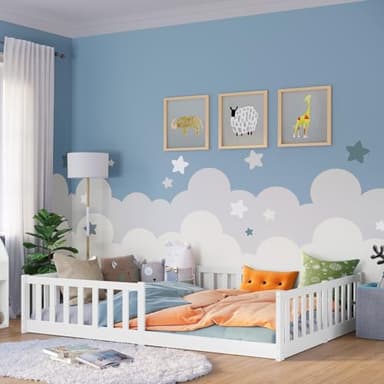 Bellabino Vere Bodenbett 140x200 cm – Montessori Kinderbett mit Rausfallschutz & Lattenrost – Massives Kinder Bett für Jungen & Mädchen aus Holz Kiefer – Kleinkindbett in Weiß