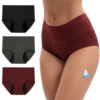 INNERSY Menstruationsunterwäsche Starke Blutung Bambus Perioden Unterwäsche Hoher Bund 3er Pack (44, Schwarz/Grau/Dunkelrot)