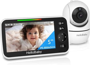 HelloBaby Babyphone mit Kamera, 3500 mAh 5 Zoll Bildschirm, Kabelgebundene Kamera, 355° Schwenken-120° Neige-Zoomen, Babyfone ohne WLAN, 2 Wege Audio, Temperatur, 8 Schlaflieder, Nachtsicht, HB6550