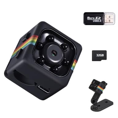 Bextgoo Mini Kamera, 1080P Überwachungskamera Ohne WLAN, Kleine Kamera mit 32GB Speicherkarte, Nachtsicht, 140°Weitwinkel, 360° Drehbare Halterung, für Innen und Außenbereich (Schwarz)