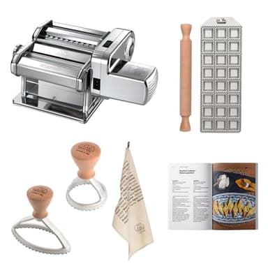 Nudel- und Ravioli-Zubereitungsset, Elektrische Pasta-Maschine Atlas 150 + Motor + Stempel für 24 Quadratische Ravioli (35 mm)+Nudelholz+Runder Stempel+Ovaler Stempel+Geschirrtuch+Rezeptbuch.