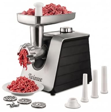 Twinzee - Elektrischer Fleischwolf mit Wurstfüller, Schwarz - Für Fleisch und Wurst - Küchenmaschine, Fleischwolf mit 3 Lochscheiben und 3 Wurstaufsätze