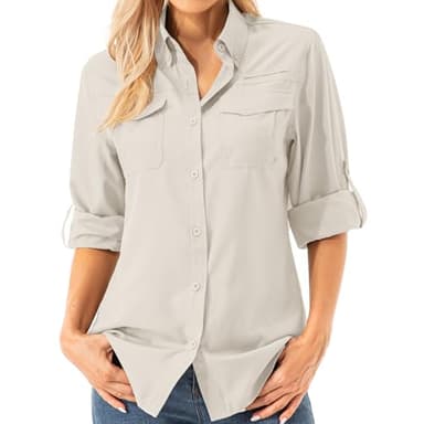 Asfixiado Damen Hemdbluse UV Shirt UPF 50+ Safari Kleidung Wanderbluse Damen Outdoor Cooling Quick Dry Sonnenschutz Langarm Luftiges Hemd(5072 Light Khaki XL)