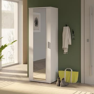 Forte NET106 weißer Schuhschrank 50, schmaler Flurschrank mit 6 Einlegeböden und Spiegelfront, Flur, Diele, Holzwerkstoff, Weiß, 50,2 cm breit x 179,1 cm hoch x 34,8 cm tief