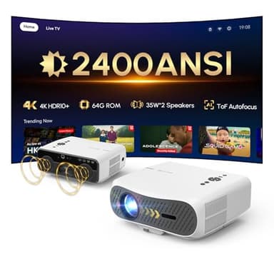 4K UHD Beamer 2400 ANSI Lumen, Tageslicht Beamers mit Offizielles Netflix, HDR10+, AI-PQ Bildoptimierung, Autofokus, 64GB ROM, HDMI eARC, Dolby Audio, Smart Projektor für Heimkino & Gaming