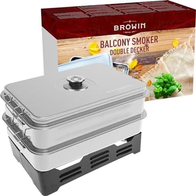BROWIN Edelstahl Tischräucher-Set XL 330007 | mit Thermometer | mit Möglichkeit der Regulierung des Fassungsvermögens | Tischräucherofen | Fisch und Fleisch Grillen und Räuchern | Camping-Zubehör