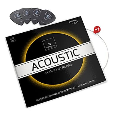 MORIATY® Gitarrensaiten Westerngitarre – Premium Phosphor Bronze Saiten für Akustikgitarre (6er Set) | Inkl. 4 Plektren + Extra E-Saite | Steel Acoustic Guitar Strings für Anfänger & Profis