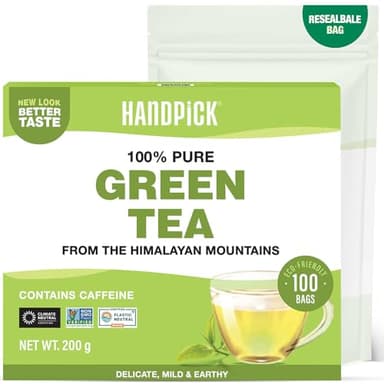 HANDPICK, Grüner Tee Beutel (100 Teebeutel) Glutenfrei & Reiner Grüntee | Runde Grün Tee Beutel, Kein Kleber, Kein Bleichmittel, Keine Schnüre | Heißer/Kombucha Tee Oder Kalter Aufbrühen | Green Tea