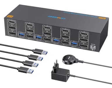 8K KVM Switch 4 PC 3 Monitors 4K@144Hz 8K@60Hz, HDMI 2.1+ 2 DisplayPort 1.4 KVM Switch 4 Port für 4 Computers share 3 Monitors und 4 USB Geräte, triple monitor kvm mit Wired Remote und 4 USB3.0 Kabeln
