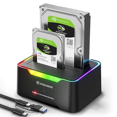 POSUGEAR Festplatten Docking Station, RGB USB 3.0 Festplattengehäuse für 2,5 und 3,5 Zoll SATA HDD/SSD, 2 x 20TB Dual Bay HDD Docking Station mit Offline Klonen Unterstützung werkzeugloser und UASP