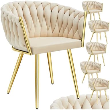 tectake® Samt Stuhl, Schalenstuhl mit Armlehne in Knoten Optik, Esszimmerstühle, Sessel modern für Wohnzimmer, Esszimmer, als Küchenstühle, für Schminktisch, Dining Chair Set - Sand/Gold, 6er Set