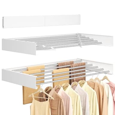 SONGMICS Wäscheständer Wandmontage, Wäschetrockner klappbar 6 Stangen, Wandwäschetrockner ausziehbar, Wandtrockner platzsparend, Bohrschablone, für innen, außen, 100 cm, mattweiß LLR810WE01