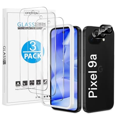 OMOTON 3+2 Stück Schutzfolie für Google Pixel 9a Panzer Schutz Glas mit Kameraschutz und Montage Rahmen, Anti-Kratzer, Bläschenfrei, 9H Härte, HD-Klar, Anti-Fingerabdruck, Anti-Öl