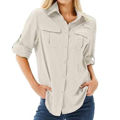 yeyity Damen Hemdbluse UPF 50+ UV Schutz Langarmshirt Outdoor Wanderhemd Safari Kleidung Damen Atmungsaktiv Quick Dry Casual Tops Sport Oberteile(5071,Light Khaki,2XL)