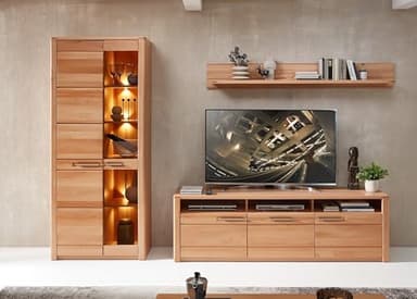 möbelando Wohnwand >Nature One< Komplett-Set (3-teilig) in Kernbuche Teil-massiv FSC-Zertifiziert - Moderne Schrankwand mit LED-Beleuchtung für Ihr Wohnzimmer - 310 x 203 x 45 cm (B/H/T)