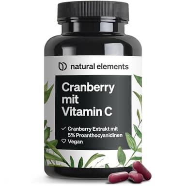 natural elements Cranberry Extrakt mit Vitamin C – 25:1 Extrakt (entspricht 20.000mg Cranberries pro Tagesdosis) – 240 Kapseln – laborgeprüft, vegan, hochdosiert, ohne unerwünschte Zusätze