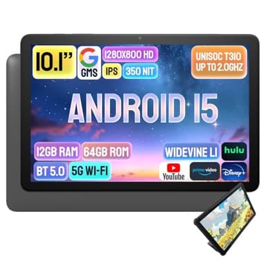 Phatom Android 15 Tablet 10 Zoll, Unisoc T310, 12GB+64GB+Bis zu 1 TB Erweiterung, 10,1" HD IPS, Widevine L1, 5G WiFi+BT 5.0+GPS+FM, 5000 mAh+Type-C+3,5-mm-Audio, Lederhülle im Lieferumfang enthalten