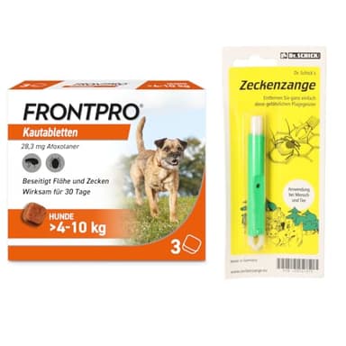 FRONTPRO Kautabletten für Hunde 4-10 kg 3-Monats-Packung zum Schutz gegen Zecken und Flöhe mit Zeckenzange: Schützt bis zu 3 Monate