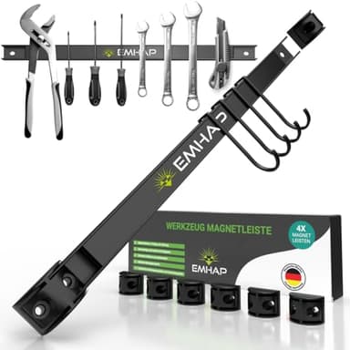 EMHAP© Magnetleisten Werkzeughalter EXTRA STARK 4er Set je 46CM lang Universal Magnetschiene Werkzeug Organizer - Magnetleiste Werkzeug Halterung inkl. 4x Haken zum einhängen + 8x Verbindungsstücke
