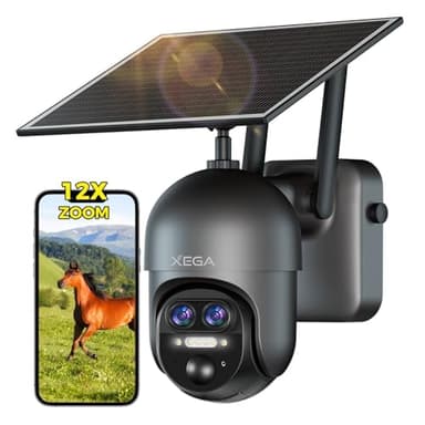 Xega 4G LTE 【12X Hybrid-Zoom】 Überwachungskamera Aussen mit SIM Karte,2K PTZ 【Dual-Lens】 Ohne WLAN Solar Kamera Outdoor Kabellos,10400mAh Battery,PIR Humanoide Erkennung,30m Farbnachtsicht,TF/Cloud