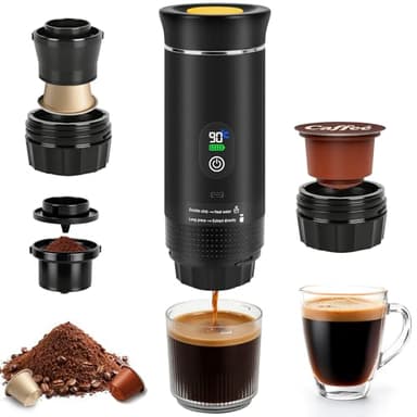DAJASD 3-in-1 Tragbare Akku Kaffeemaschine mit Display, 12v Tragbare Espressomaschine mit USB, Kaffeemaschine Auto Espressomaschine, Kapseln & Gemahlener Kaffee für Reise Camping Wohnmobil(Schwarz)