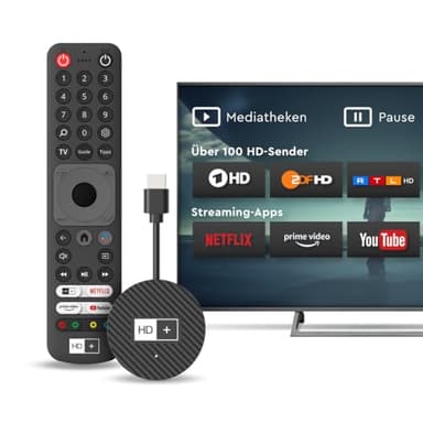 HD+ IP TV-Stick – Der TV-Stick, der Immer direkt mit Live-Fernsehen startet | Fernsehen ohne Satellit oder Kabel über Internet | Zugriff auf Mediatheken & Apps | Inkl. 3 Monate HD+