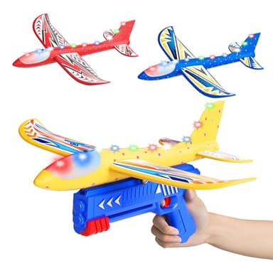Doloowee Flugzeug Launcher Spielzeug, 3 styroporflieger mit Katapult, 2 Flug Modi & LED Beleuchtung,Outdoor Spielzeug & Geburtstag Geschenke für Jungen Mädchen 3 4 5 6 7 8 9 10 Jahre alt