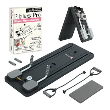 Pilatexx Pro – Faltbarer Pilates Reformer & Hometrainer – über 50 Übungen mit Videoanleitung – inkl. Timer, Widerstandsbänder, Griffe & Knieschoner – Ganzkörpertraining (Anthrazit)