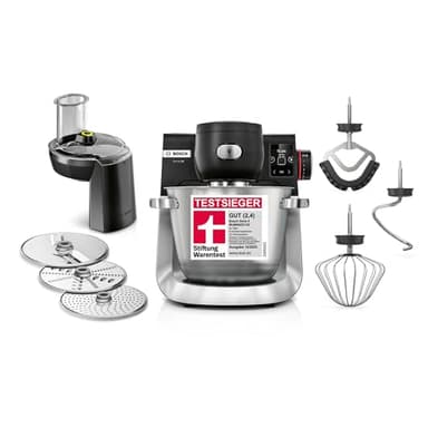Bosch Küchenmaschine Serie 6, 7 Automatikprogramme, integr. Waage, 5,5l Schüssel, Durchlaufschnitzler, Scheiben, Knethaken/Rührbesen/Silikonbesen, spülmaschinenfest, 1600 W, silber/schwarz, MUMS6ZS13D