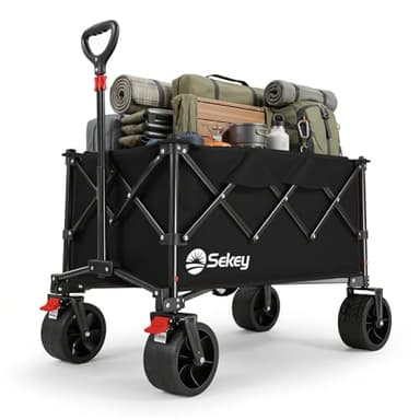 Sekey XXL Bollerwagen Faltbar 135L 150KG Belastbar, Leichter Faltbollerwagen mit Breite 17x8,5cm Räder Handwagen mit Bremse, Patentiert 4-Wege-Sofortaufbau Transportwagen, 4031 All Terrain, Schwarz