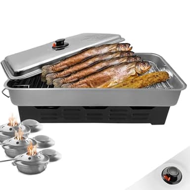 Eversmoke Tischräucherofen Edelstahl Deluxe – Mobiler Smoker für bis zu 8 Fische – 2 Ebenen, Fettauffangplatte & 3 regulierbare Brenner (55x23x18cm)