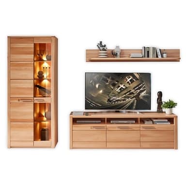 NATURE ONE Wohnwand Komplett-Set in Kernbuche teil-massiv FSC-zertifiziert - Moderne Schrankwand mit LED-Beleuchtung für Ihr Wohnzimmer - 310 x 203 x 45 cm (B/H/T)