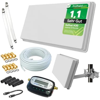 Sat Flachantenne mit Twin LNB - HD Sat-Anlage für 2 TV - Selfsat H30D2+ kompakte Antenne inkl. Fensterhalterung, 20 m Koaxialkabel, SAT-Finder & Zubehör-Set - Starke Empfangsleistung von netshop 25