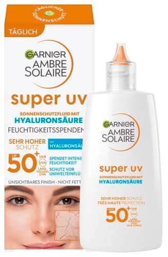 Garnier Ambre Solaire LSF 50+ Super UV Fluid Sonnenschutz, Sonnencreme mit Hyaluronsäure, ultraleichte & mattierende Formel für das Gesicht, unsichtbar, Schutz vor Sonnenbrand & Pigmentflecken - 40ml