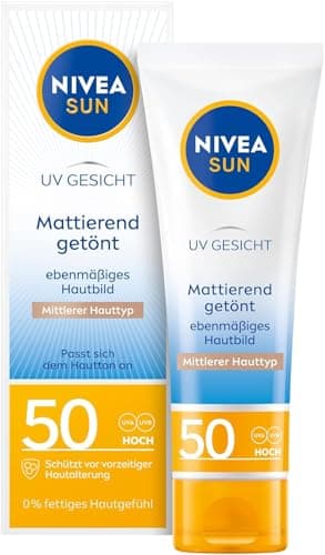 NIVEA SUN getönte Sonnencreme fürs Gesicht LSF 50, mattierende Gesichtssonnencreme, getönte Sonnencreme für mittleren Hauttypen, UV Gesicht Mattierender Getönter Sonnenschutz (50 ml)