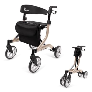 Parvum SuperLight Rollator – ultraleicht (5,1 kg), aus Aluminium, faltbar, (74 × 64 cm), mit Sitz & Rückenlehne, versteckten Bremskabeln – ideal für Alltag & Reise - Gehhilfe für Senioren - Champagner