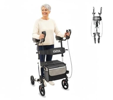 KMINA Arthritis Rollator mit Unterarmstützen, Outdoor Rollator Faltbar mit Sitz und Rückenlehne, Höhenverstellbare Gehhilfe für Senioren, Belastbar bis 136 kg, Korb