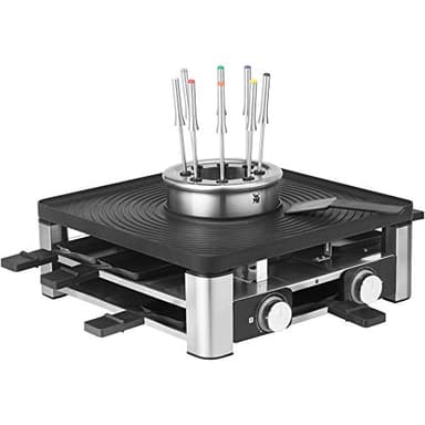 WMF Lumero 3in1 Gourmet Station – elektrisches Raclette, Fondue und Grill für 8 Personen, aus Edelstahl matt, mit Temperaturregulierung und LED-Beleuchtung – platzsparendes Design für stilvolle Abende