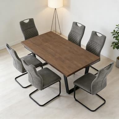 JIEXI Esstisch-Set mit Eichen-Finish, MDF-Holzplatte, schwarze Metallbeine, 160 x 90 x 76 cm, Sitzfläche 4–6, 100 kg Kapazität (1 Tisch + 6 graue Esszimmerstühle)