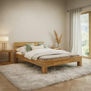 skølm Floki Massivholzbett 140x200 cm aus Eiche - hochwertiges Bettgestell - Bettrahmen mit Bettkopf - Holzbett in Natur geölt - Bett geeignet als Doppelbett - Futonbett Schlafzimmer