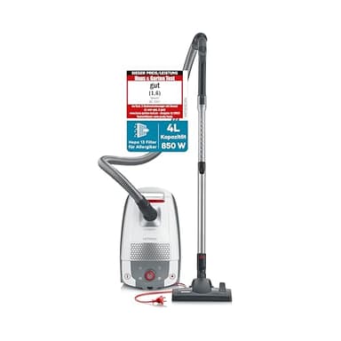 SEVERIN Bodenstaubsauger mit Beutel, leistungsstarker und leiser Staubsauger mit 360° Rollen, HEPA Filter, Zubehör für Teppich & Hartböden, weiß, rot, BC 7047