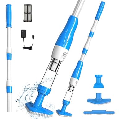 PoolyPoly 3 en 1 Poolsauger Kabellos mit Akku, Pool Handsauger Bodensauger, 90 Minuten Laufzeit Poolreiniger mit Teleskopstange, Pool Staubsauger für kleine Pools, Spas, Whirlpools, Blau