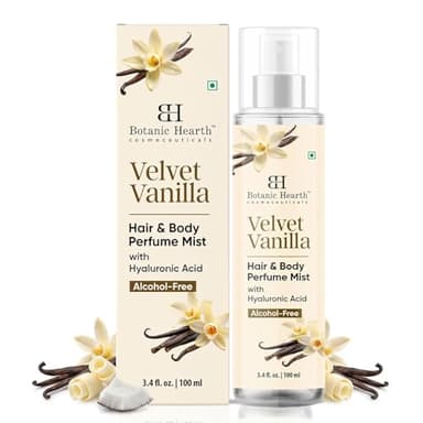 Botanic Hearth Velvet Vanilla Hair & Body Perfume Mist | 100 ml (3.4 Fl Oz) | Mit Hyaluronsäure, alkoholfreie Formel, langanhaltender Vanilleduft | leichtes Körperspray für Damen & Herren