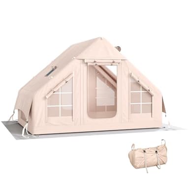 Outsunny Aufblasbares Zelt 5-8 Personen Schneller Aufbau 5000 mm Wasserdicht & Winddicht Outdoor Luftzelt mit Luftpumpe Kaminöffnung Dachfenster kratzfest Bodenplane Air Glamping Zelte aus Oxfordstoff