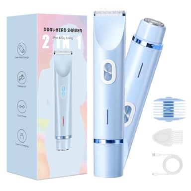 Rasierer Damen,2-in-1 Doppelkopf Intimrasierer für Frauen mit USB-C-Laden, Damenrasierer Elektrisch für Gesicht, Beine und Arme, Bikini trimmer mit Wasserdichter Trimmerkopf, Leicht zu Reinigen(blue)