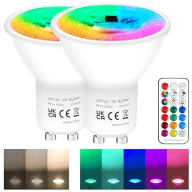REYLAX GU10 RGB LED Farbwechsel Lampen, 5W Dimmbar Warmes Licht 50W Halogenlampen Gleichwertige, RGB LED Spot Licht, Leuchtmittel GU10 450 Lumen, Fernbedienung inklusive (2 Stück)