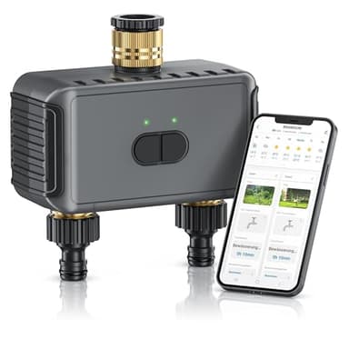 Brandson - Bewässerungscomputer Smart mit WLAN - 2 Ausgänge - WiFi Bewässerungssystem Garten - Bewässerungstimer - mit App - Automatische Bewässerung - Regenverzögerung - Alexa, Google Assistant